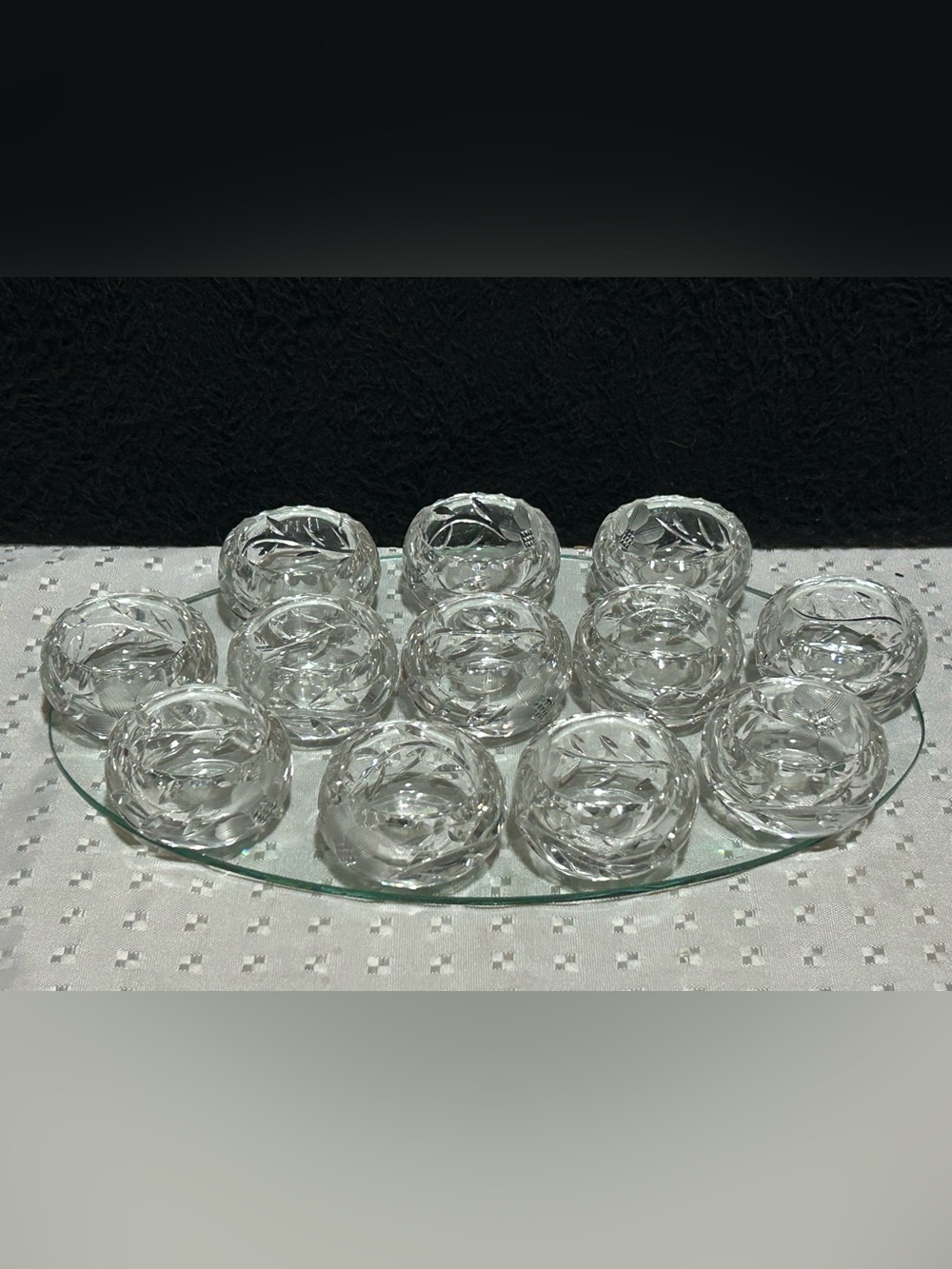 Set Of 10 Antique Open Salt Cellar Dip Etched Crystal Glass Clear Edge Flower